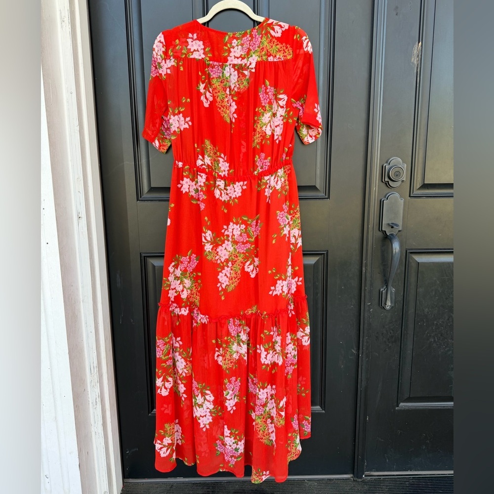 Red Floral Button-Front Midi Dress with Tie Waist - Picture 4 of 4